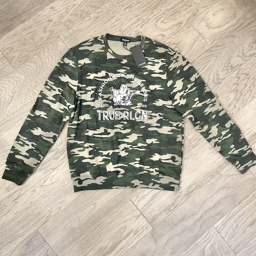 NWT True Religion Men's Green Camo Buddha Neck Sweatshirt Multiple Sizes